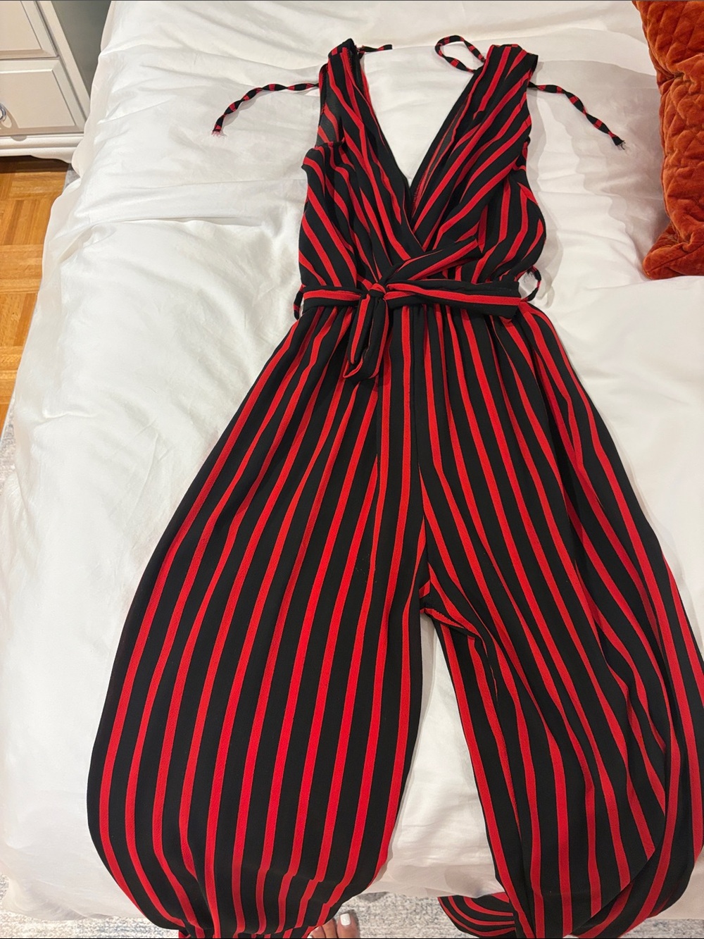 Red & Black Striped Wrap Jumpsuit